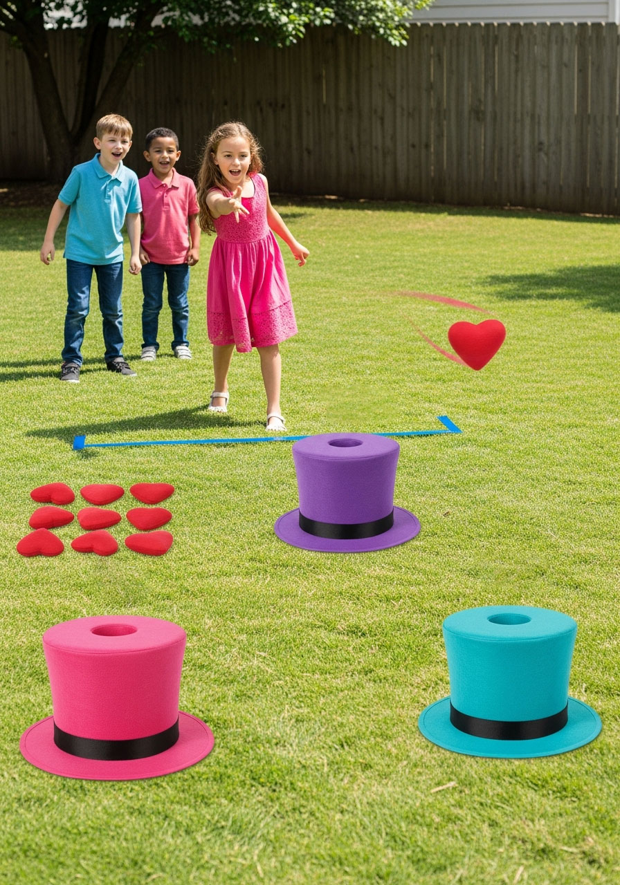 Children playing Mad Hatter hat toss game with colorful top hats and playing card bean bags at Alice in Wonderland party