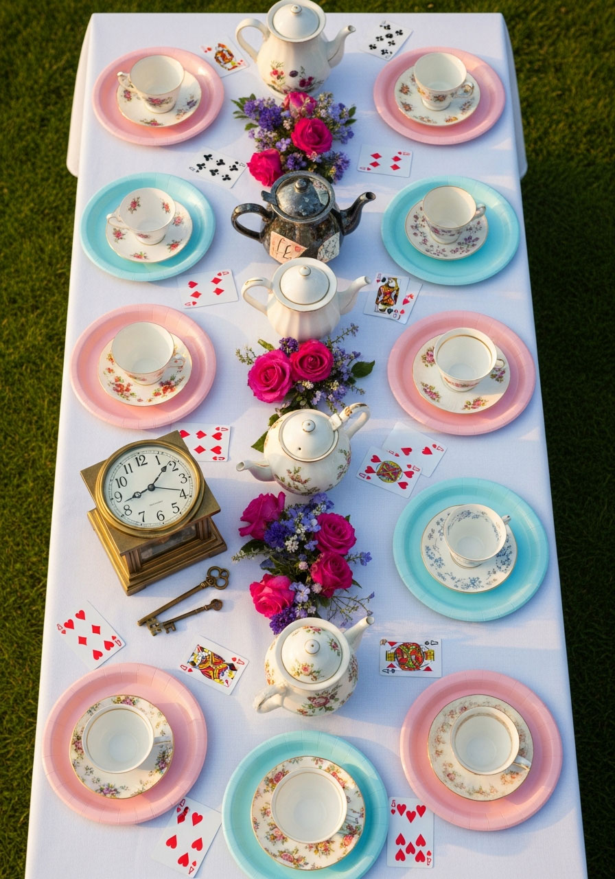 Mad Hatter tea party table setup with mismatched vintage teacups, flowers, and whimsical decorations for Alice in Wonderland birthday