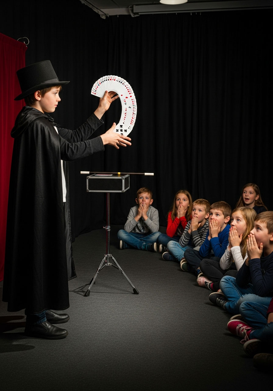 Young magician performing card tricks for amazed audience at indoor birthday magic show party