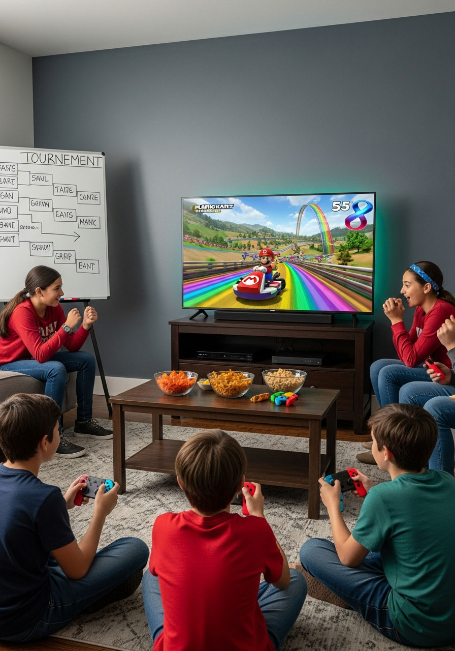 Four tweens playing Mario Kart tournament on TV with controllers and tournament bracket visible at birthday party