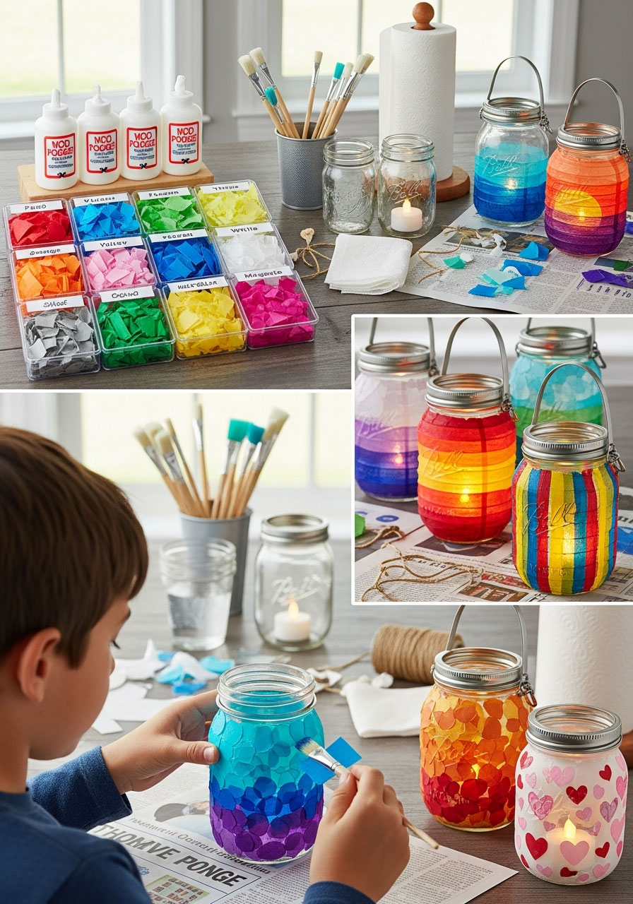 Boy decorating mason jar lantern with colorful tissue paper at birthday party craft station with glowing completed lanterns