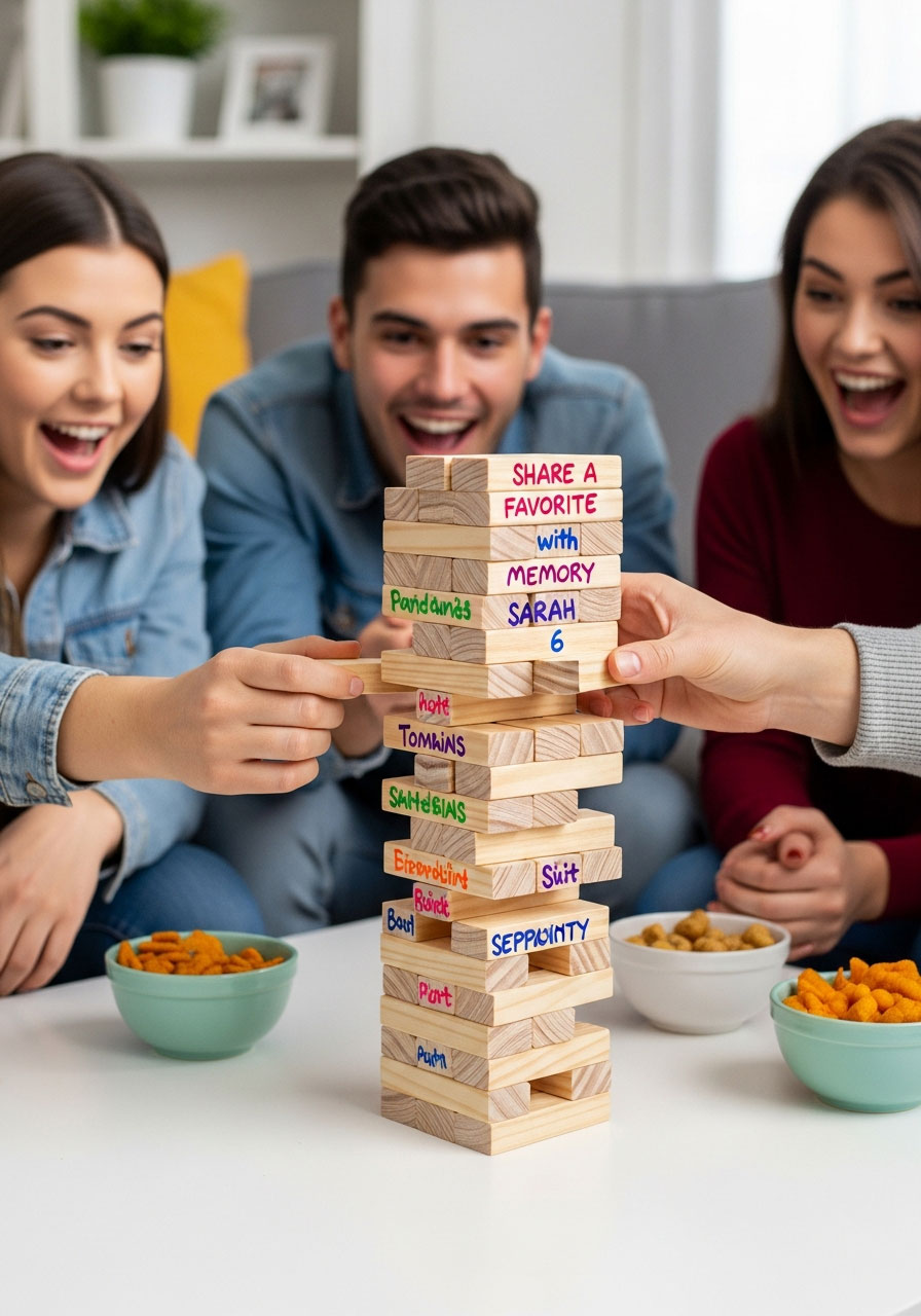 Custom Jenga game with memory prompts written on blocks for 18th birthday party activity