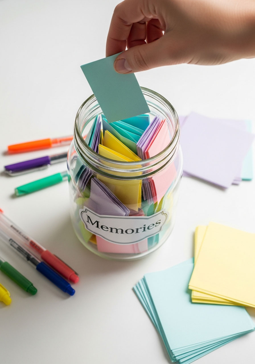 Memory jar with folded paper notes and blank cards for guests to write memories at 18th birthday