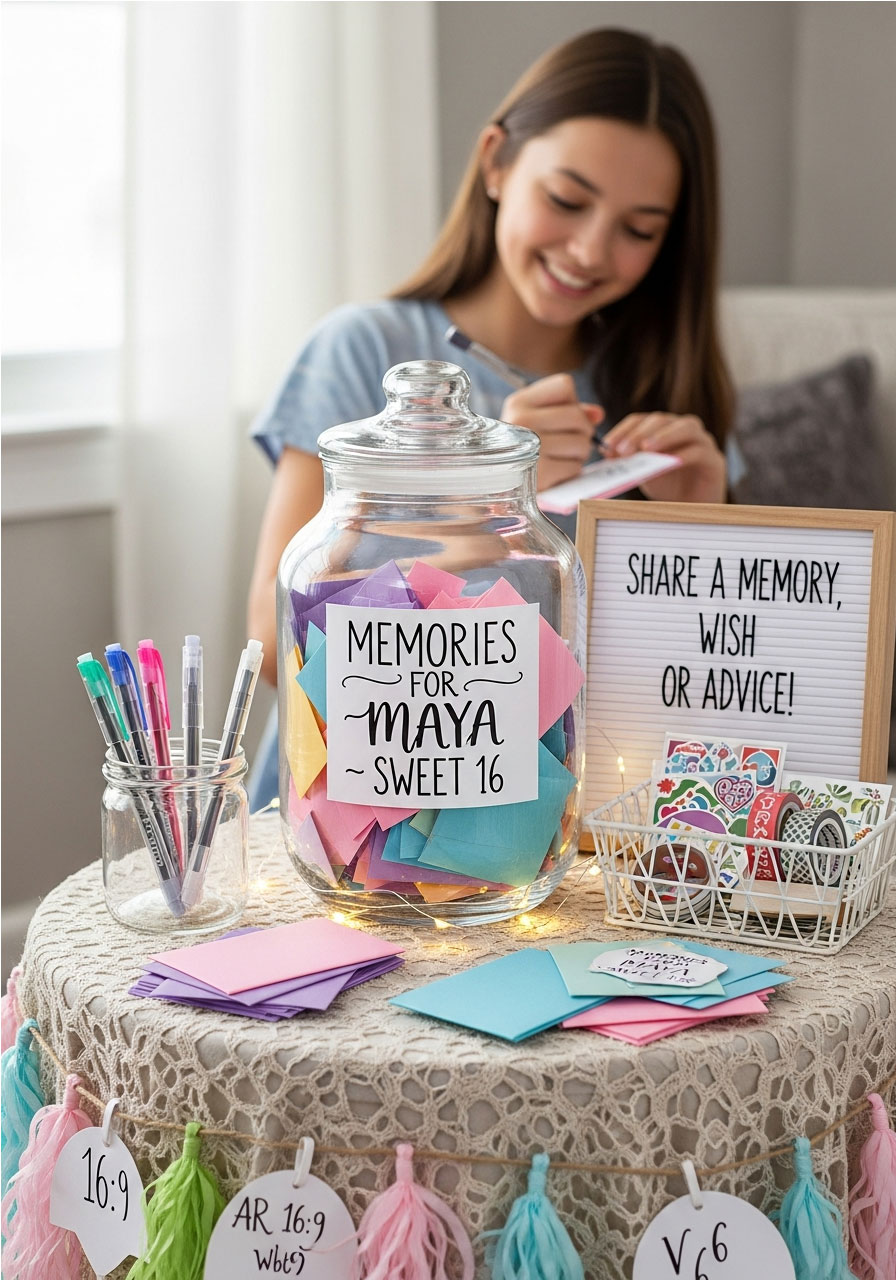 Decorated memory jar station with papers and pens for guests to write wishes at Sweet 16 party
