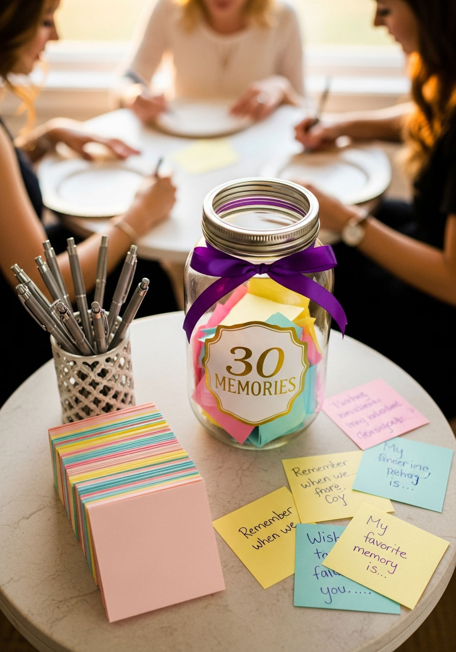 Decorative memory jar with handwritten notes and wishes for 30th birthday party keepsake
