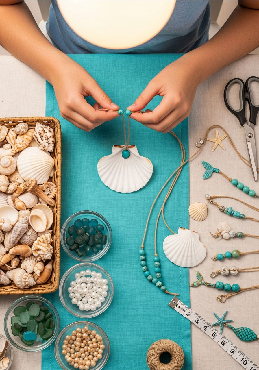 Tween making DIY mermaid shell necklace with natural shells and beads at beach-themed birthday party