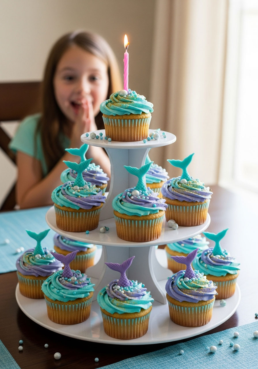 Themed birthday cupcake tower with mermaid decorations displayed at breakfast table for daughter's special morning