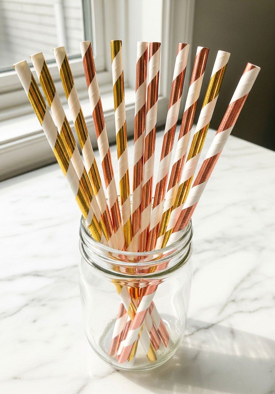 DIY metallic striped paper straws wrapped with gold and rose gold washi tape - elegant birthday party drink decoration