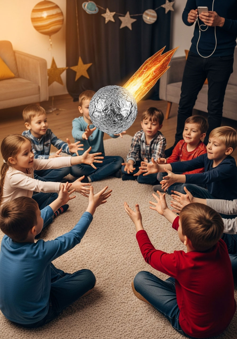 Kids sitting in circle passing aluminum foil wrapped ball during meteorite hot potato game at indoor birthday party