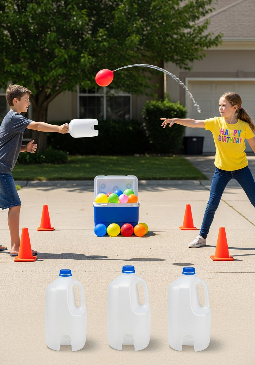 Kids using cut milk jug catchers to play water balloon toss game at birthday party on driveway