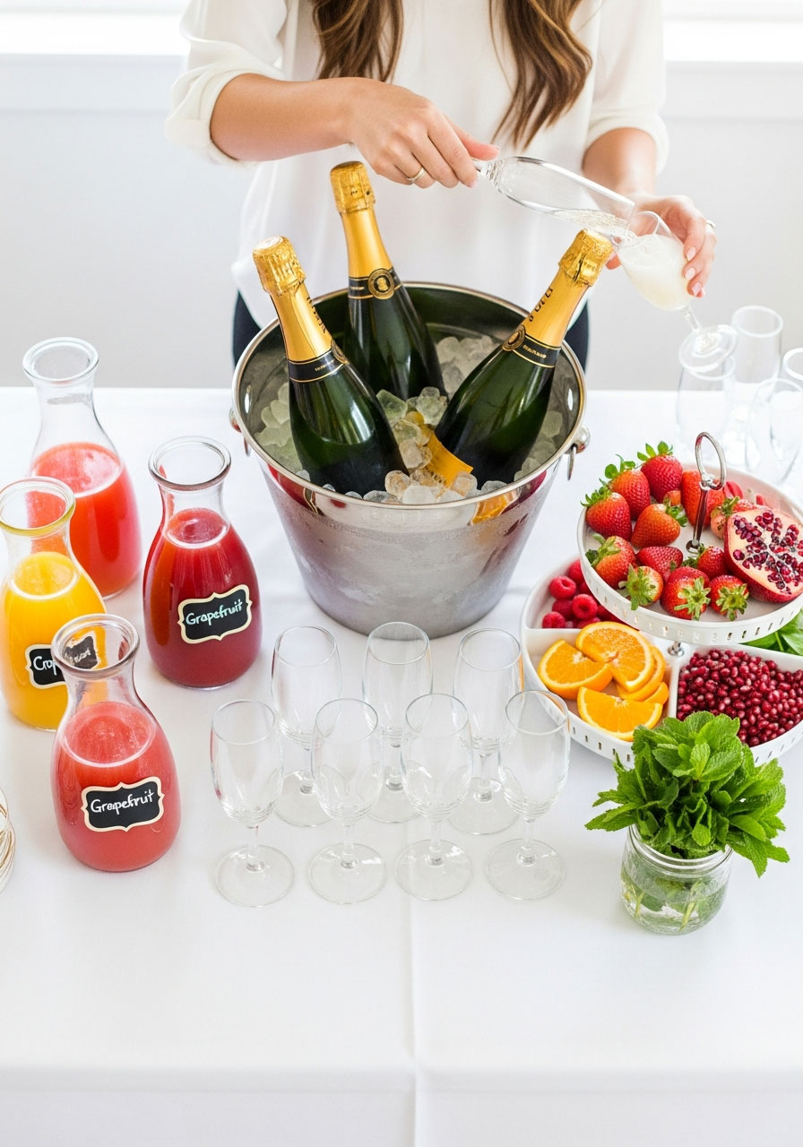 Overhead view of DIY mimosa bar with fresh fruit garnishes, juice pitchers, champagne bottles, and glasses for adult birthday brunch party