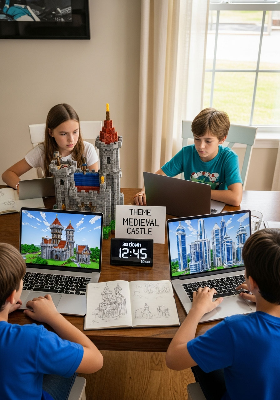 Tweens competing in Minecraft building competition on laptops at birthday party with timer and theme card