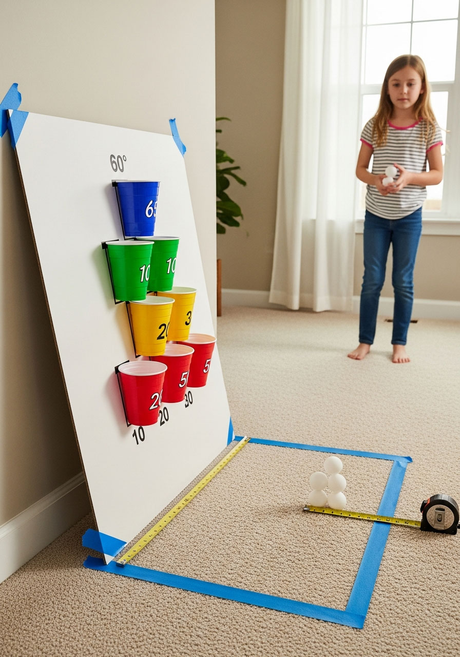 Proper setup of mini basketball game board showing shooting line distance and player position for kids party game