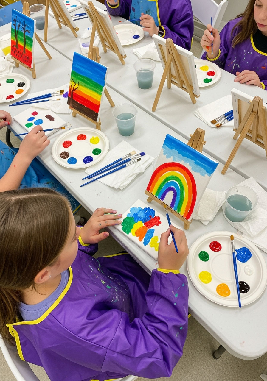 Kids painting mini canvases at colorful birthday party art station with easels and acrylic paints