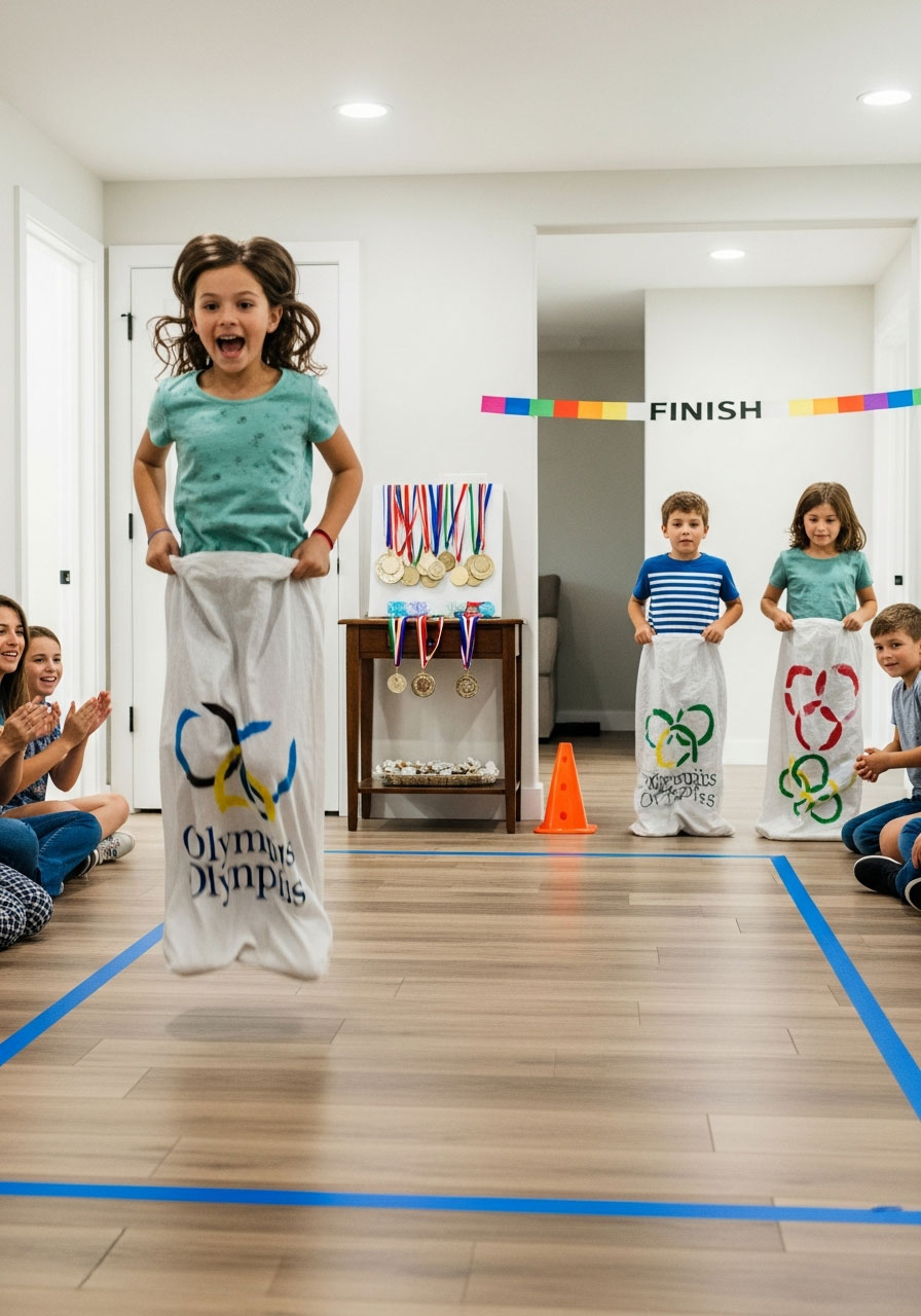 Child mid-jump during exciting sack race at indoor mini Olympics birthday party competition