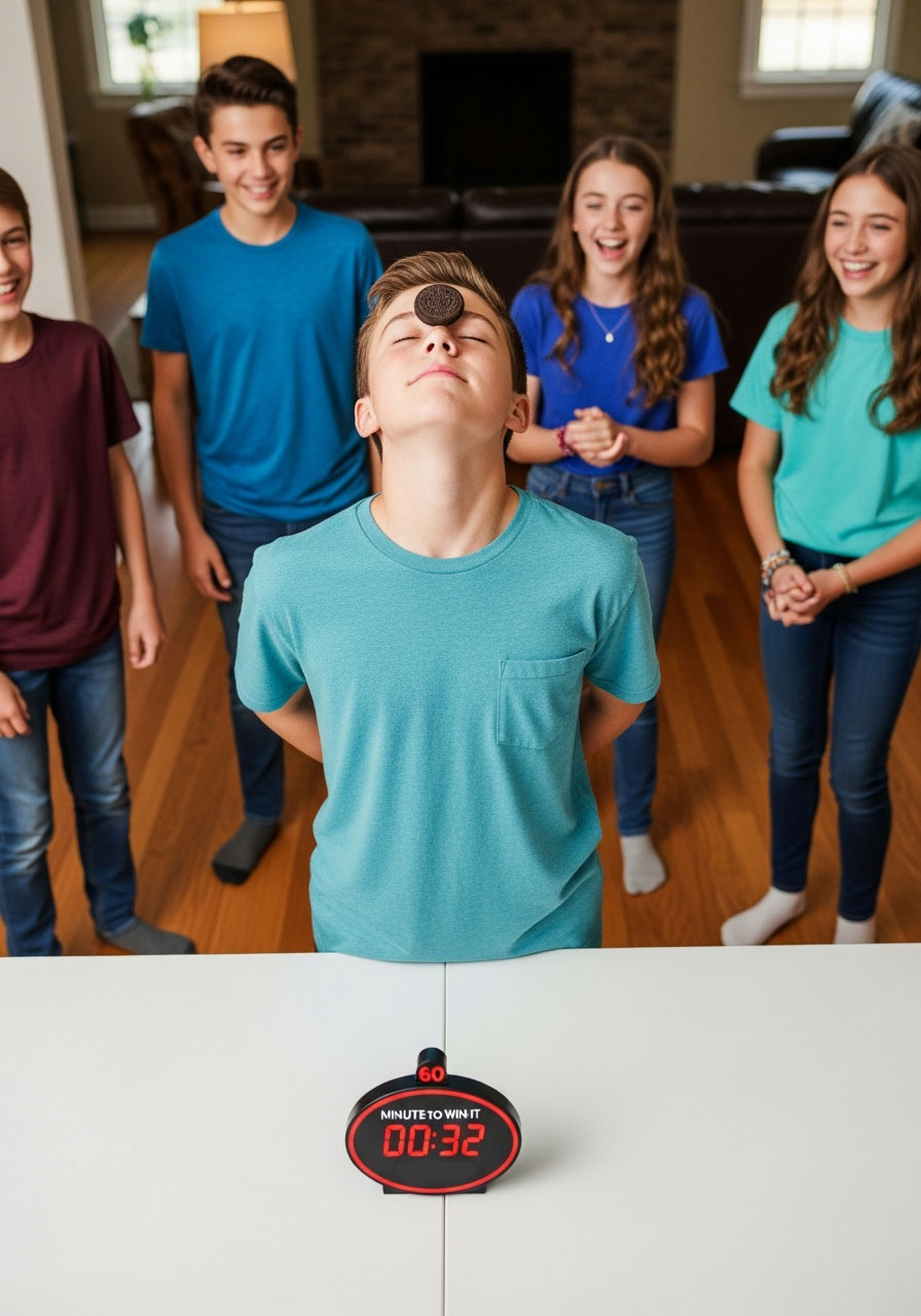 Tween playing minute-to-win-it cookie face challenge at birthday party with timer and friends watching