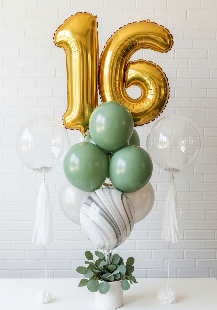 Mixed texture balloon centerpiece combining foil chrome matte and tassel balloons for sophisticated party decor