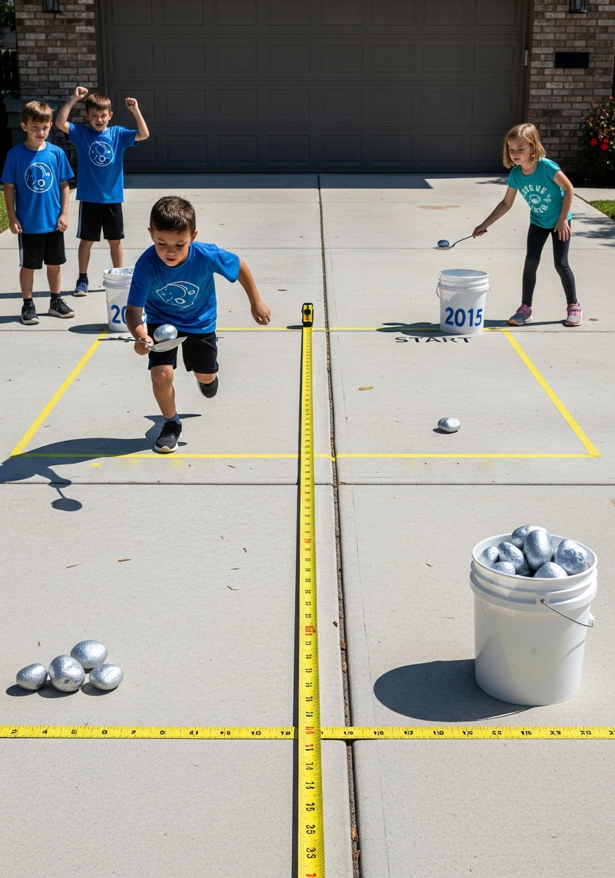 Children racing with silver painted rocks balanced on spoons during moon rock relay at outdoor space birthday party