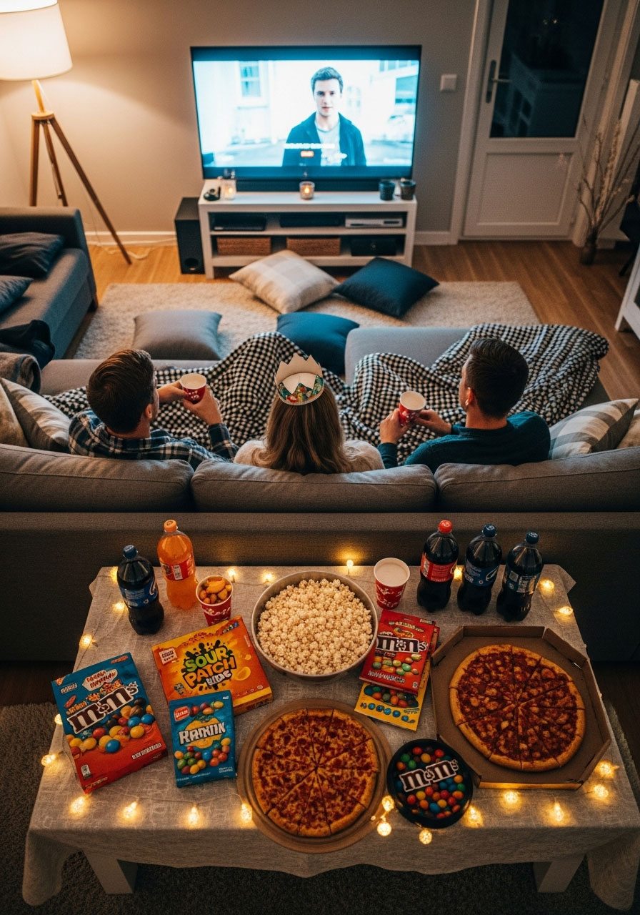 Friends relaxing on couch for birthday movie marathon with popcorn snacks and cozy lighting