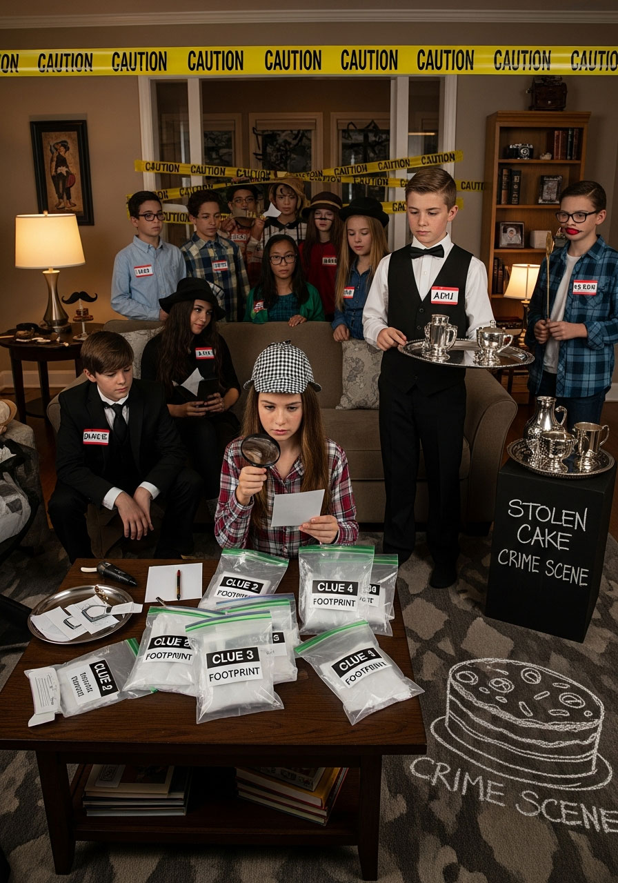 Tweens in costume playing murder mystery investigation game with clues and crime scene tape at birthday party