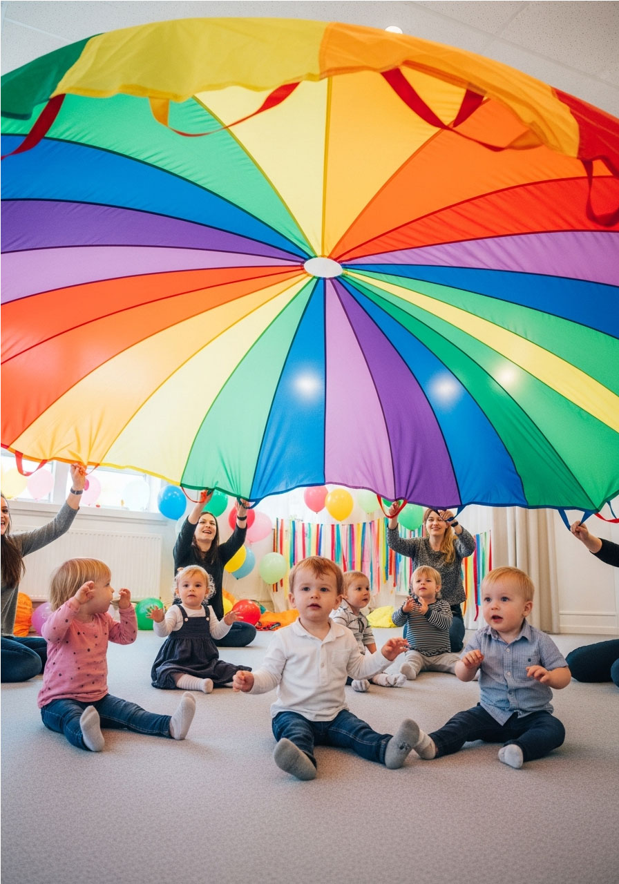 Toddlers sitting inside mushroom-shaped parachute playing freeze dance at indoor birthday party