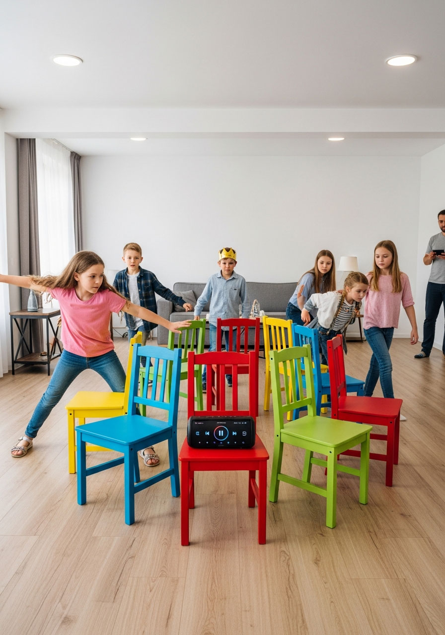 Children circling chairs during musical birthday chairs game with one child diving for seat in family party room