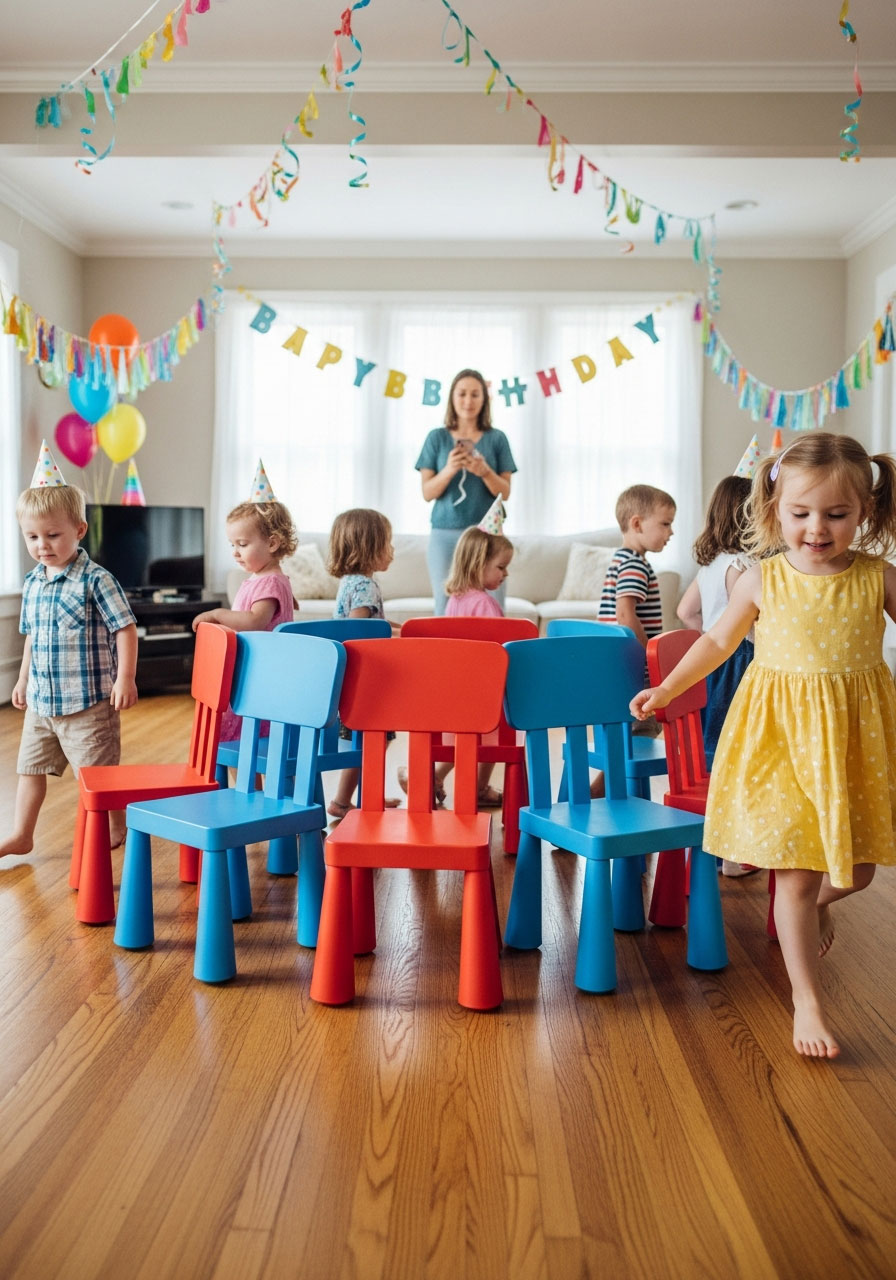 Toddlers playing musical chairs game at indoor birthday party with colorful plastic chairs