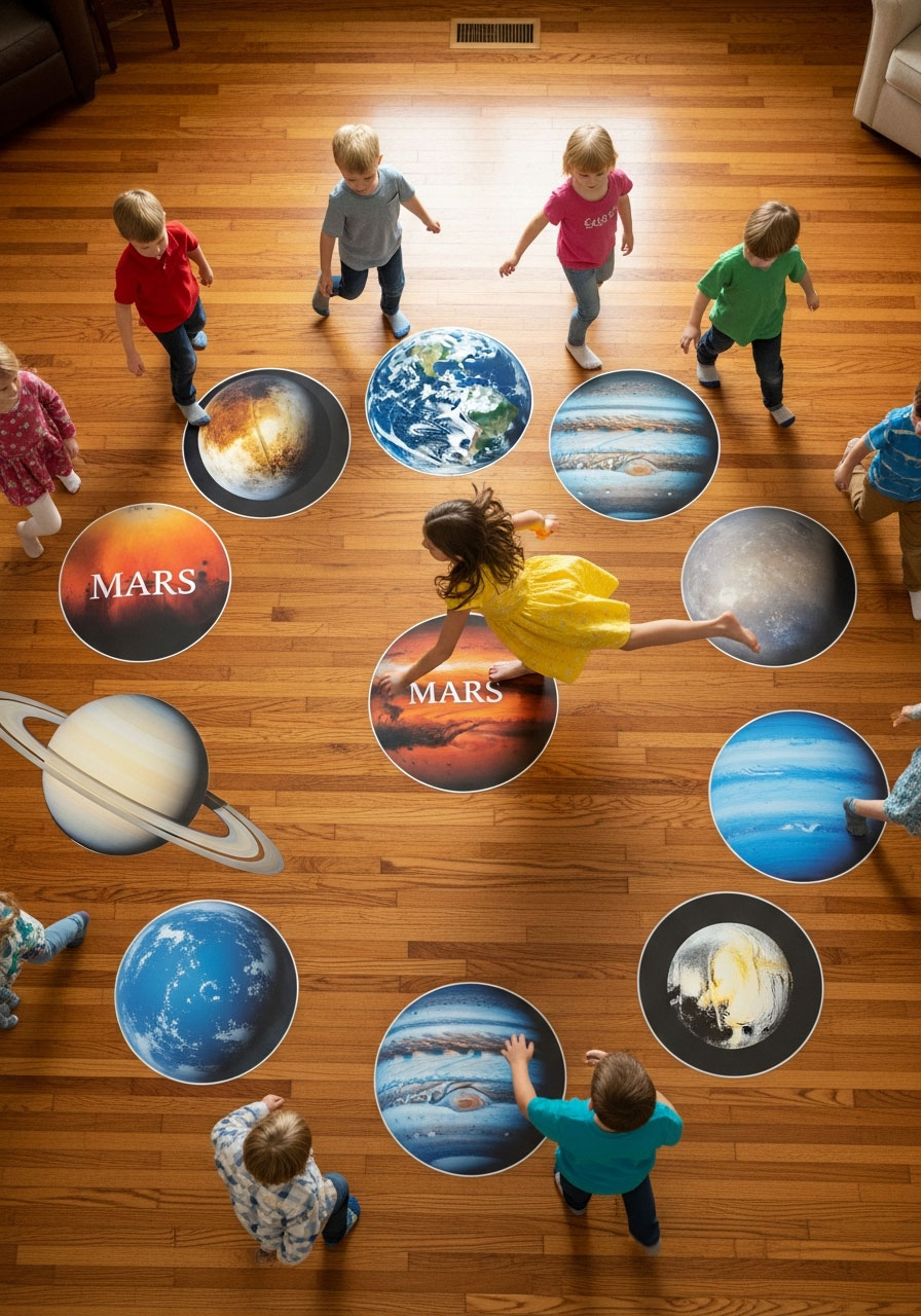 Children playing musical planets game walking around colorful planet pictures on floor during space birthday party