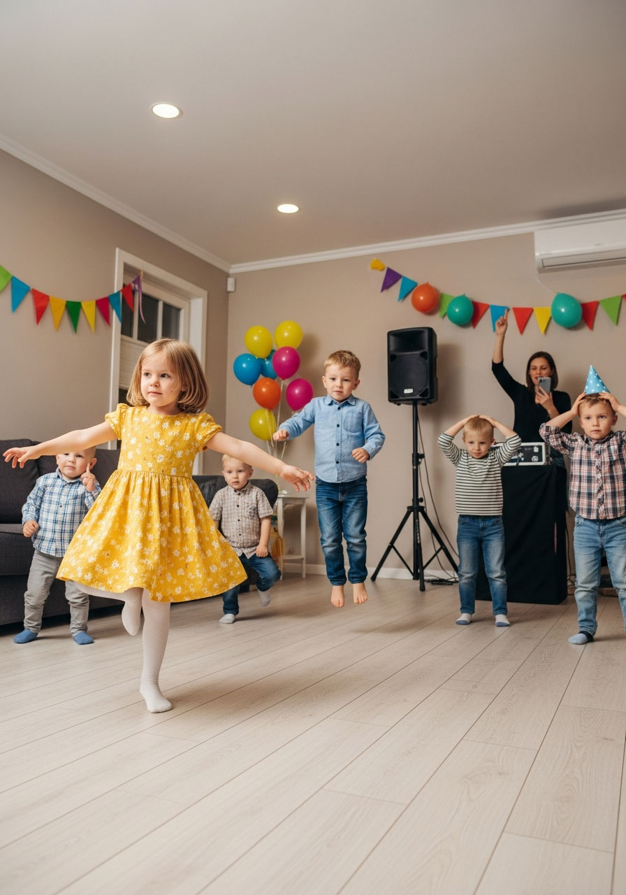 Toddlers frozen in silly poses during musical statues game at indoor birthday party