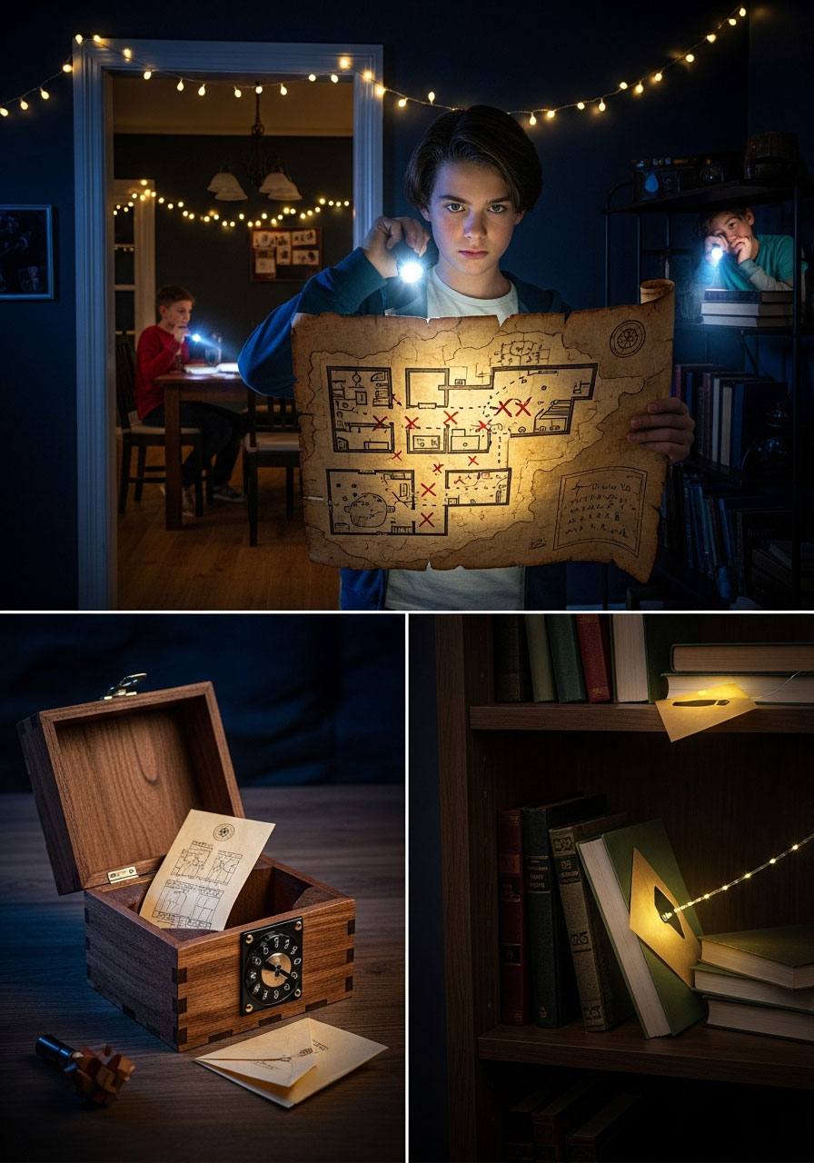 Mystery adventure treasure hunt birthday party with puzzle boxes, hidden clues, flashlights, and teens solving riddles