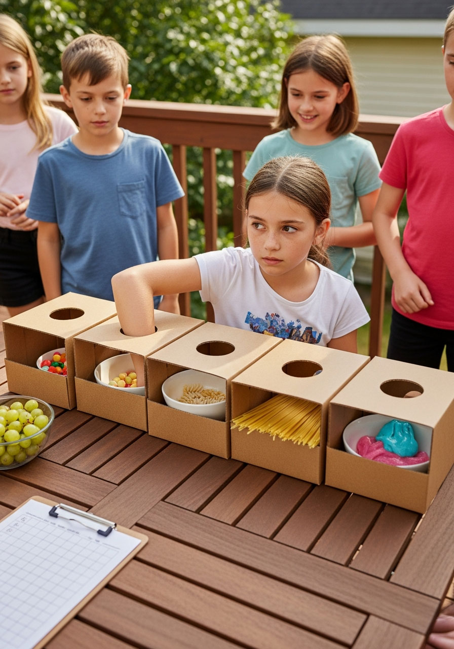Children playing Mystery Box sensory challenge with hands reaching into cardboard boxes to guess hidden objects at outdoor birthday party