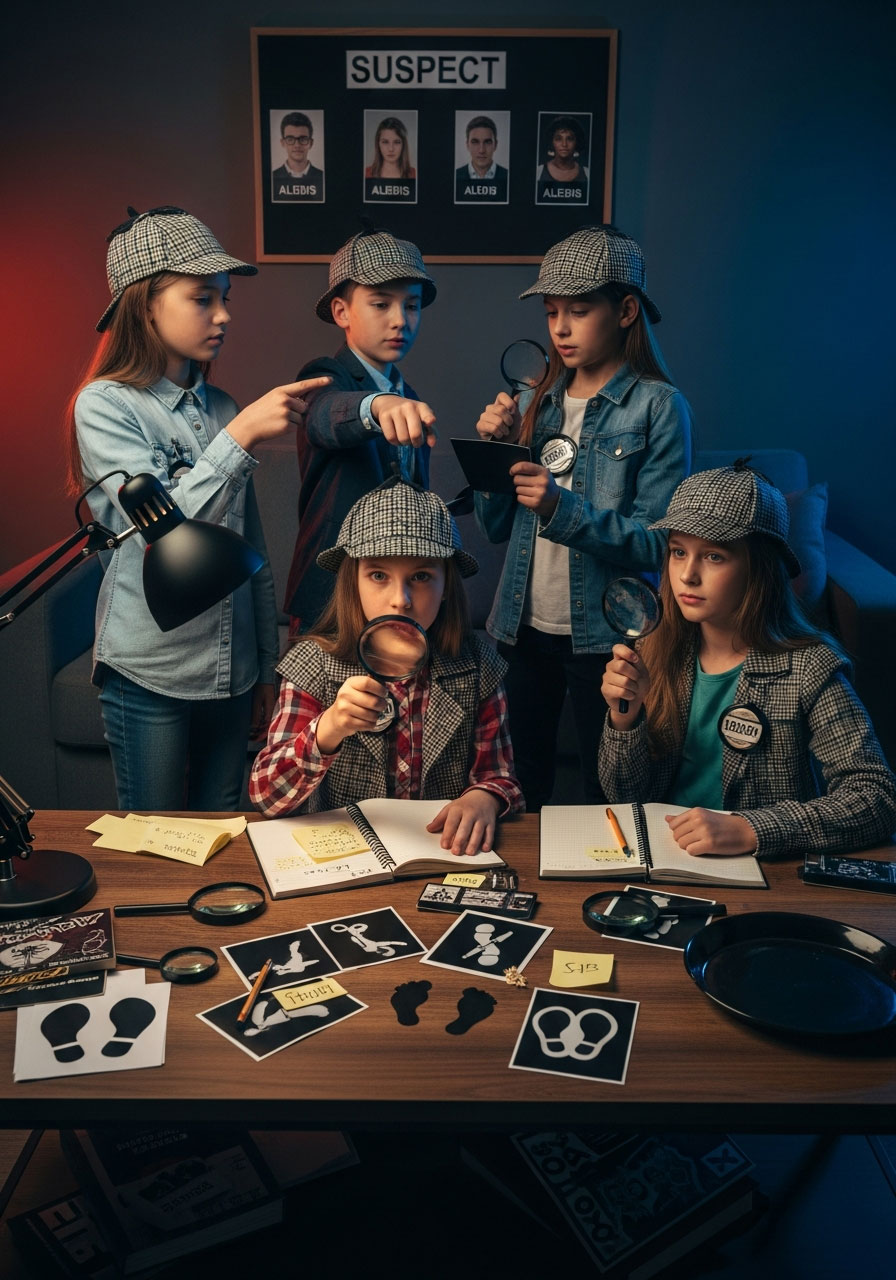 Kids dressed as detectives examining clues and evidence at mystery-themed indoor birthday party