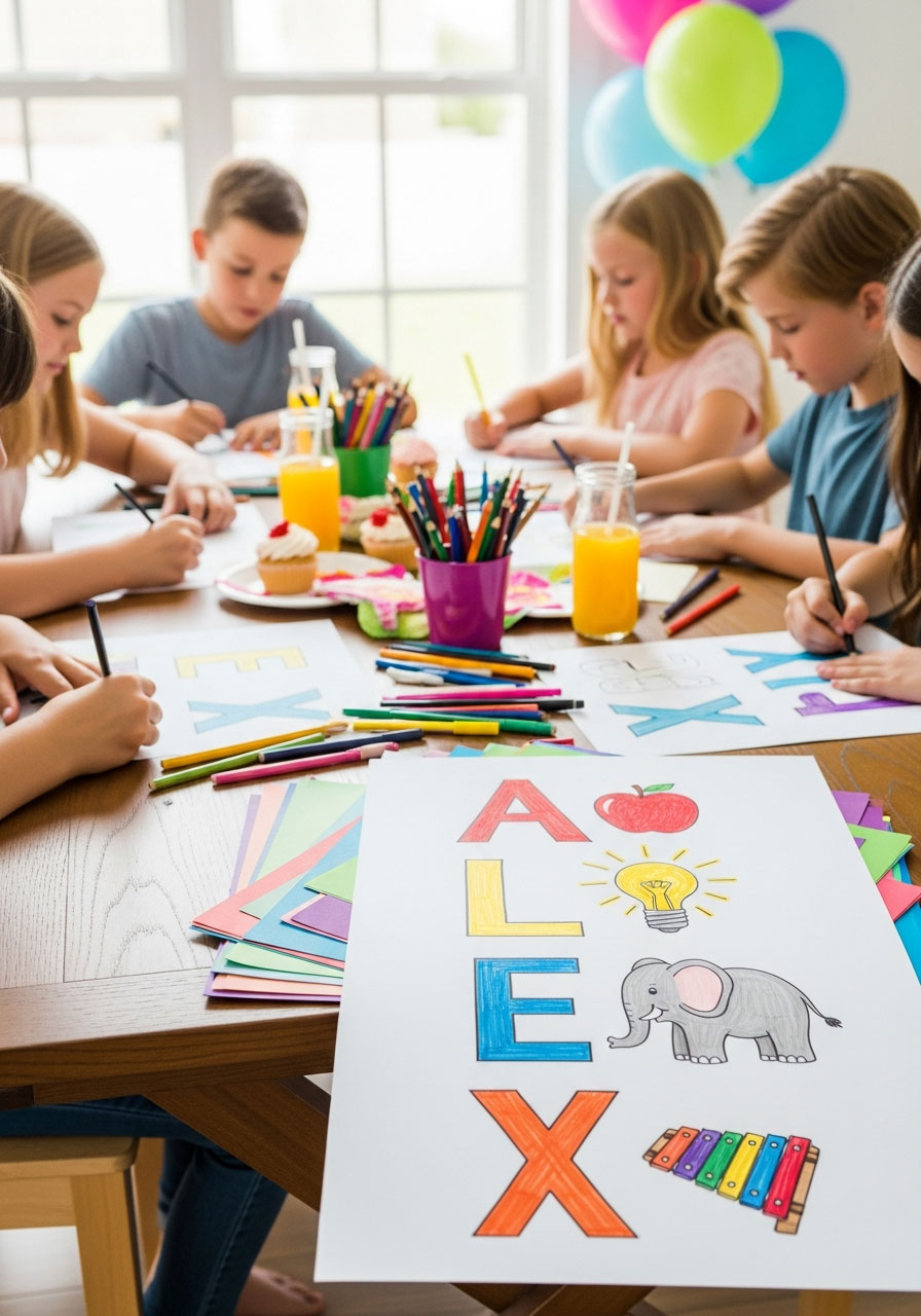 Kids creating name letter posters with drawings for each letter at birthday party craft table
