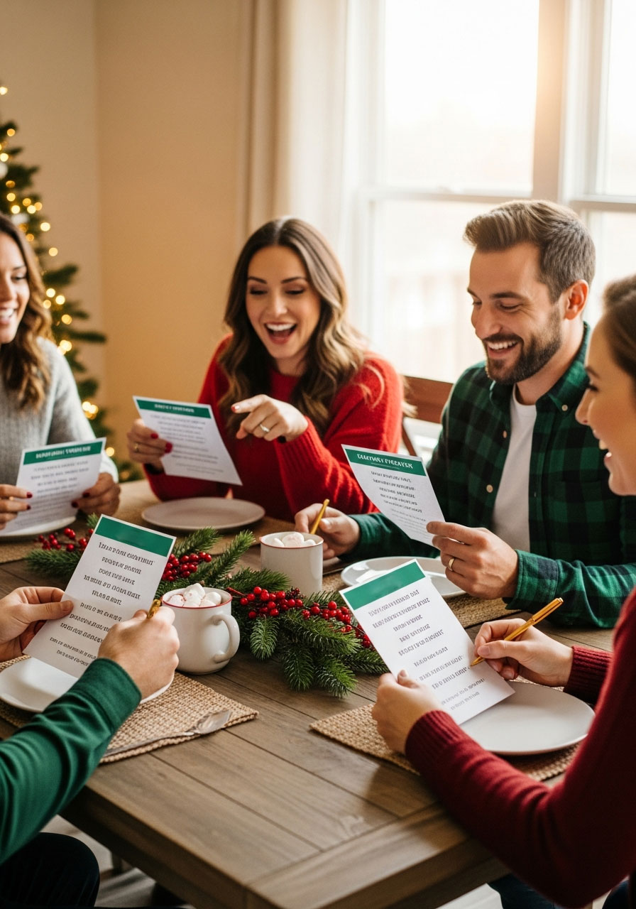 Family playing Name That Line Christmas movie quote matching quiz game at festive holiday party with printable worksheets