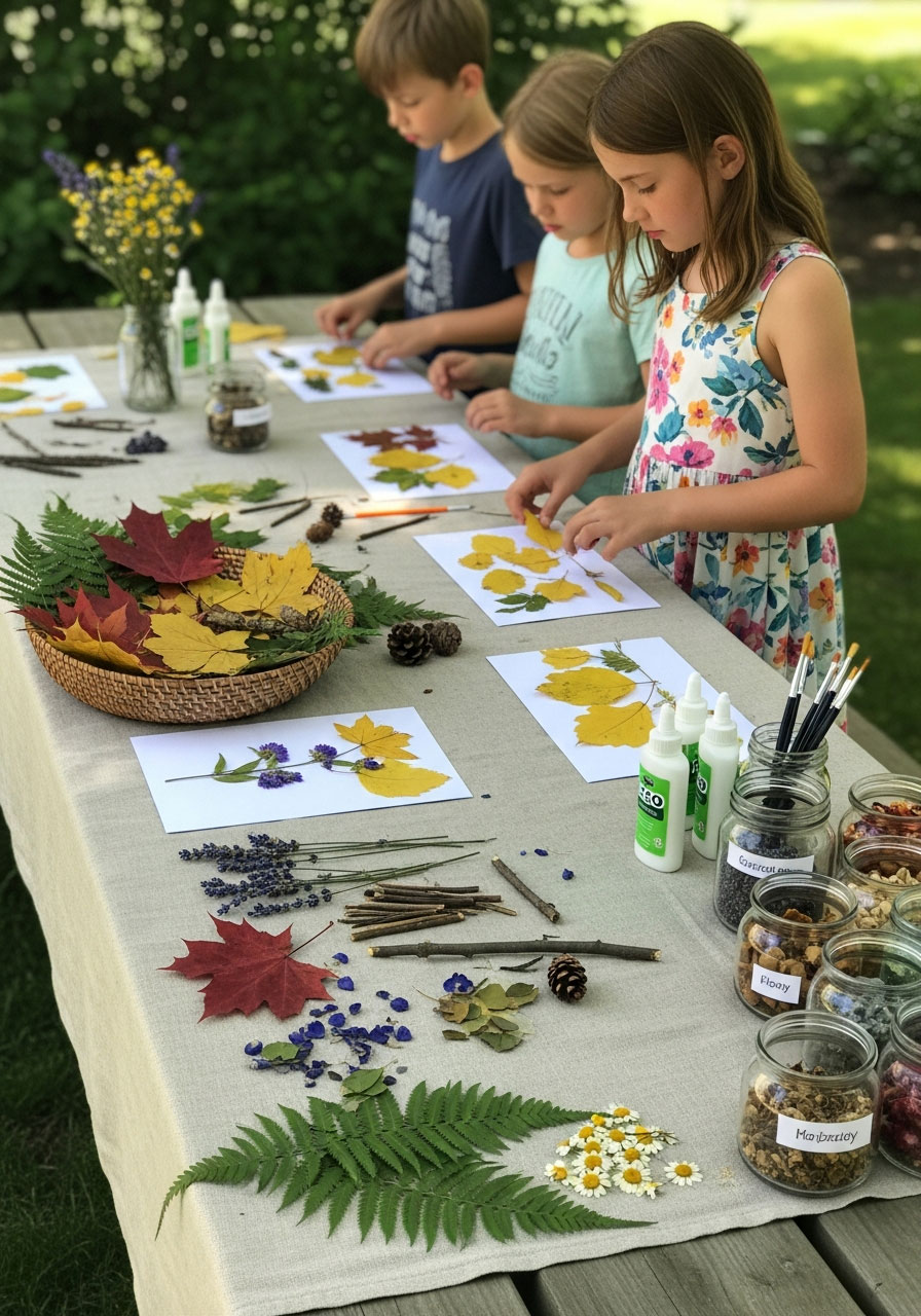 Children creating nature collages at outdoor birthday party craft station with pressed flowers and leaves