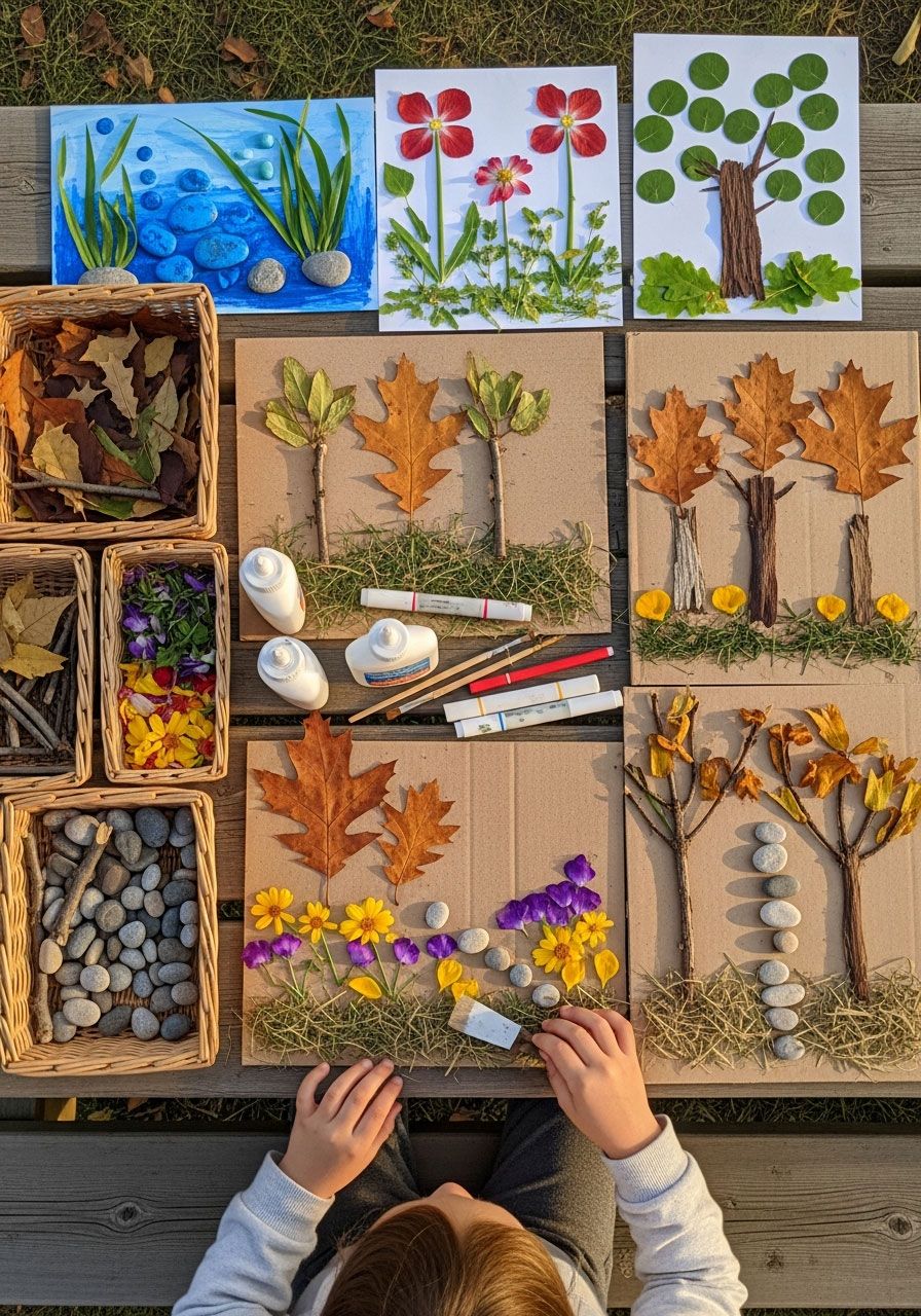 Child creating nature collage artwork with collected leaves and flowers at outdoor birthday party craft station