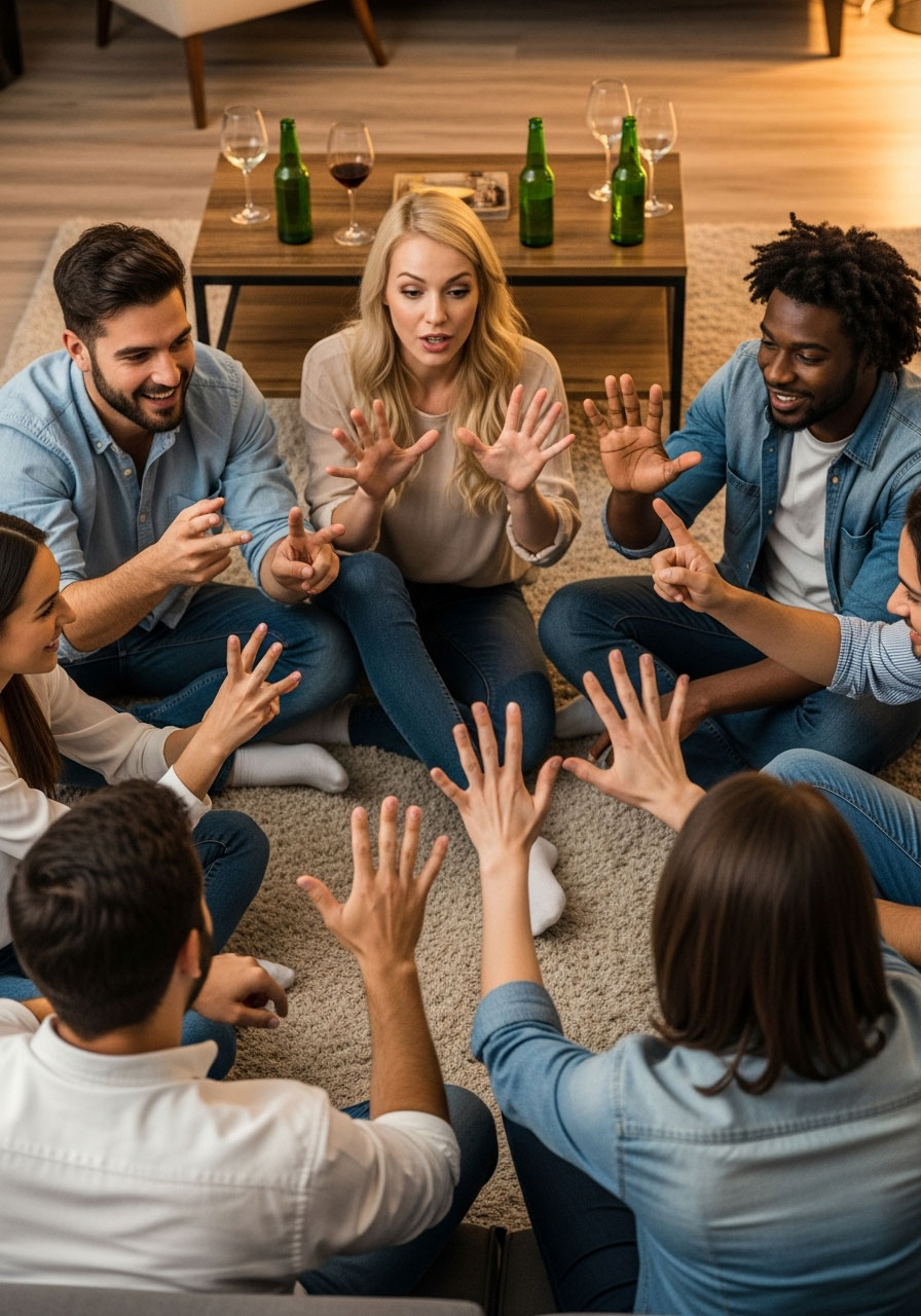 Adults playing Never Have I Ever game at birthday party sitting in circle with hands up counting fingers