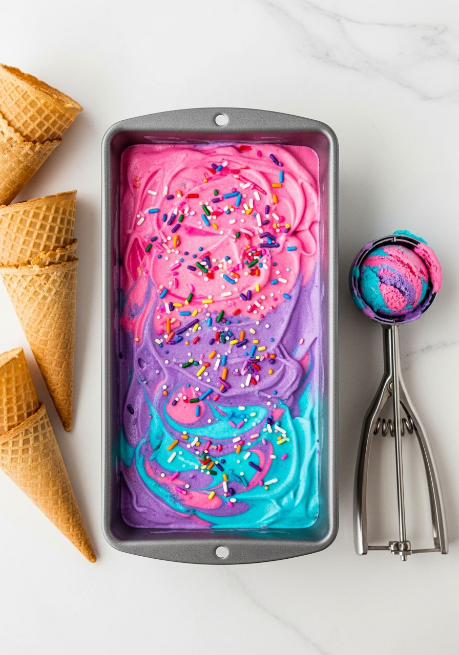 No-churn unicorn ice cream with rainbow swirled layers and sprinkles in metal loaf pan