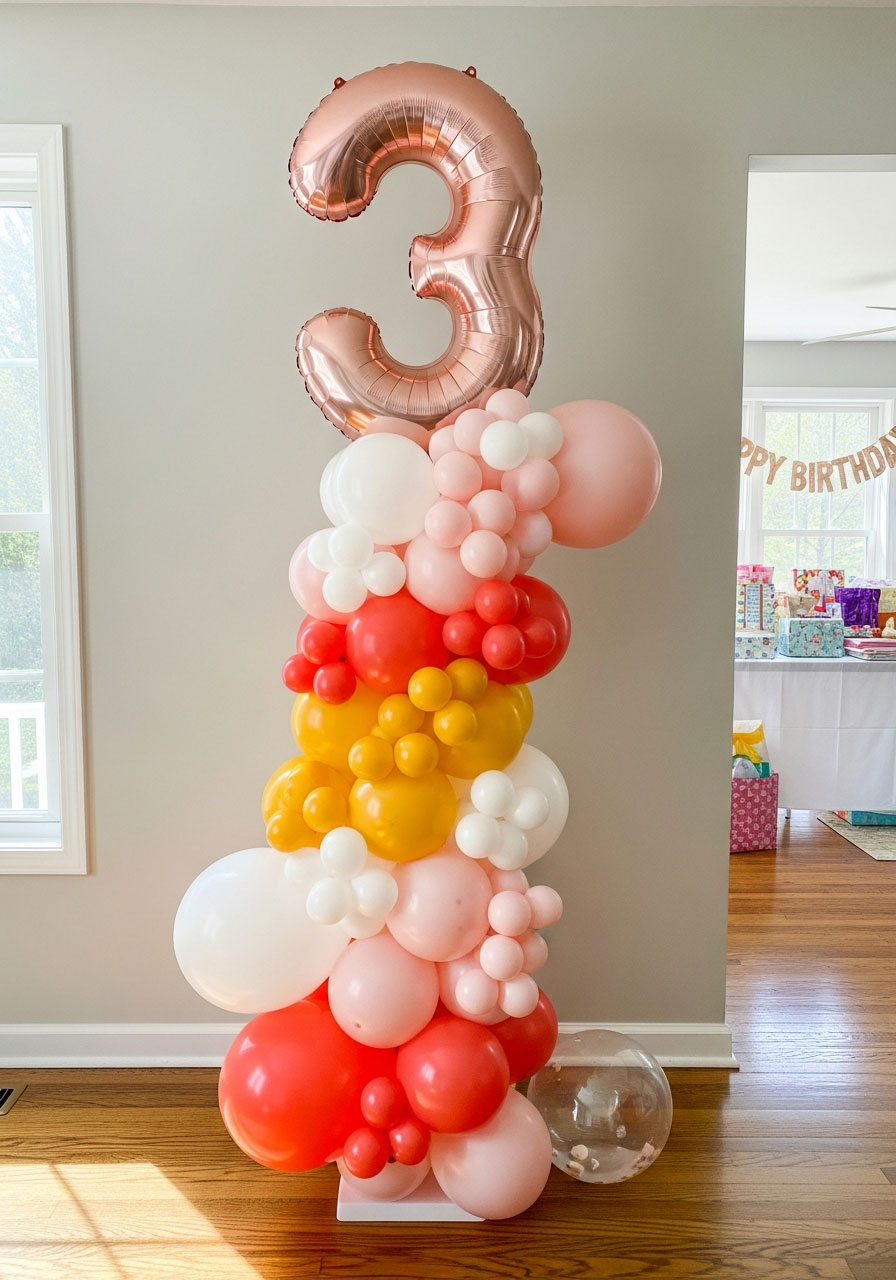 Complete DIY birthday balloon column standing 5.5 feet tall with giant number balloon on top and no helium needed