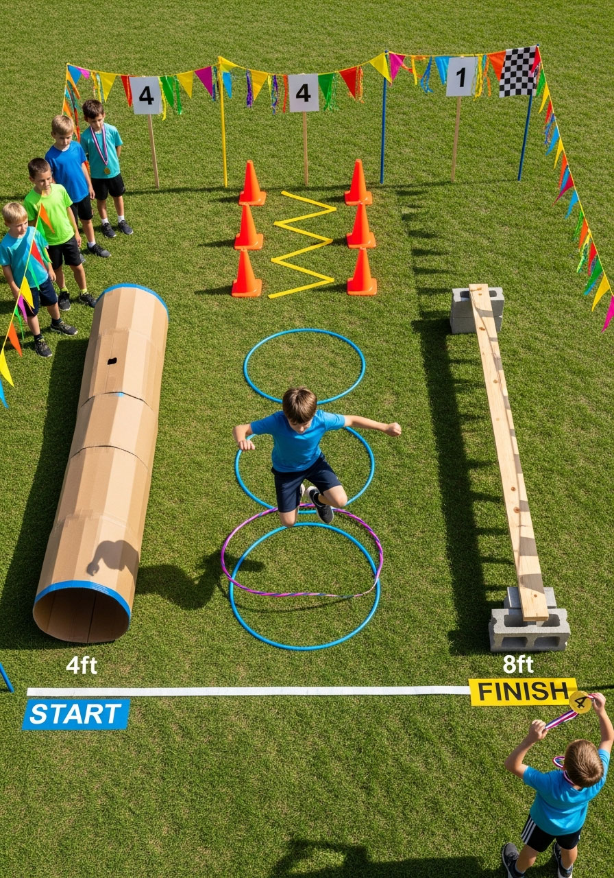 Kids competing in backyard obstacle course at outdoor birthday party with hoops tunnels and balance beam challenges