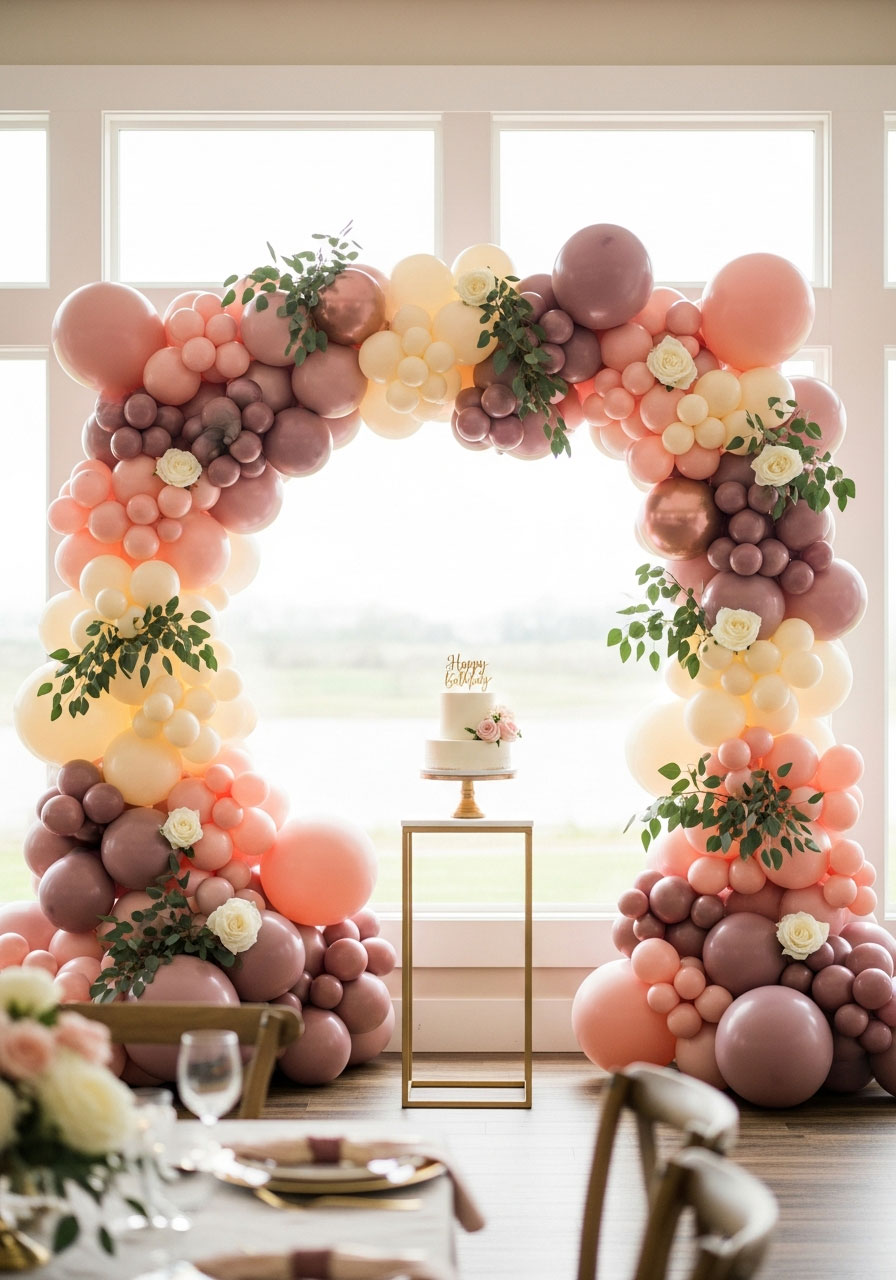 Organic balloon arch garland with flowers and greenery creating dramatic birthday party backdrop