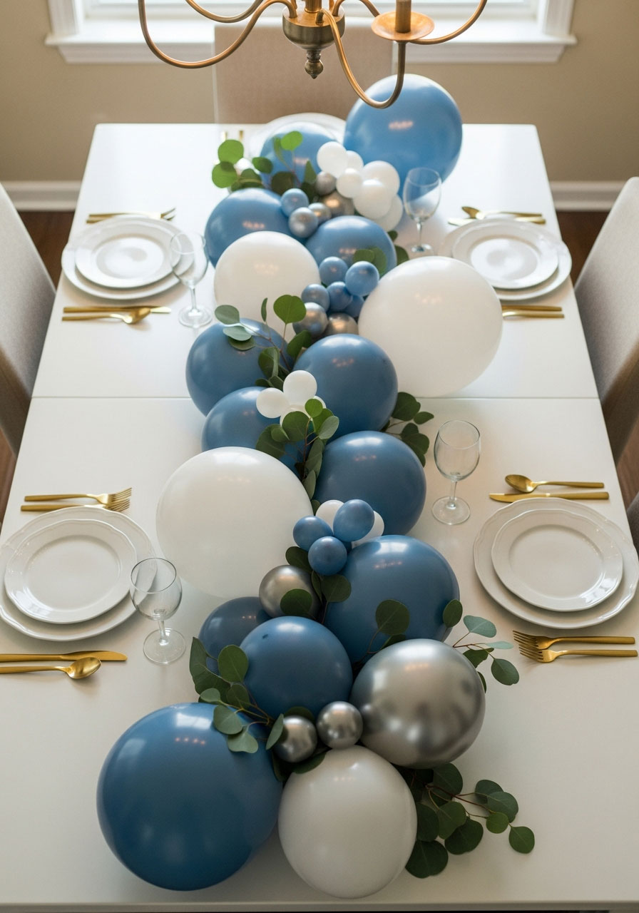 Organic balloon garland in blue and white with eucalyptus as table runner centerpiece - elegant DIY birthday party table decoration
