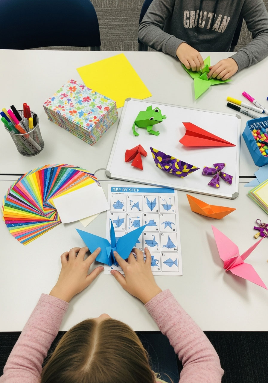 Child folding origami crane at birthday party craft station with colorful paper and completed origami examples displayed