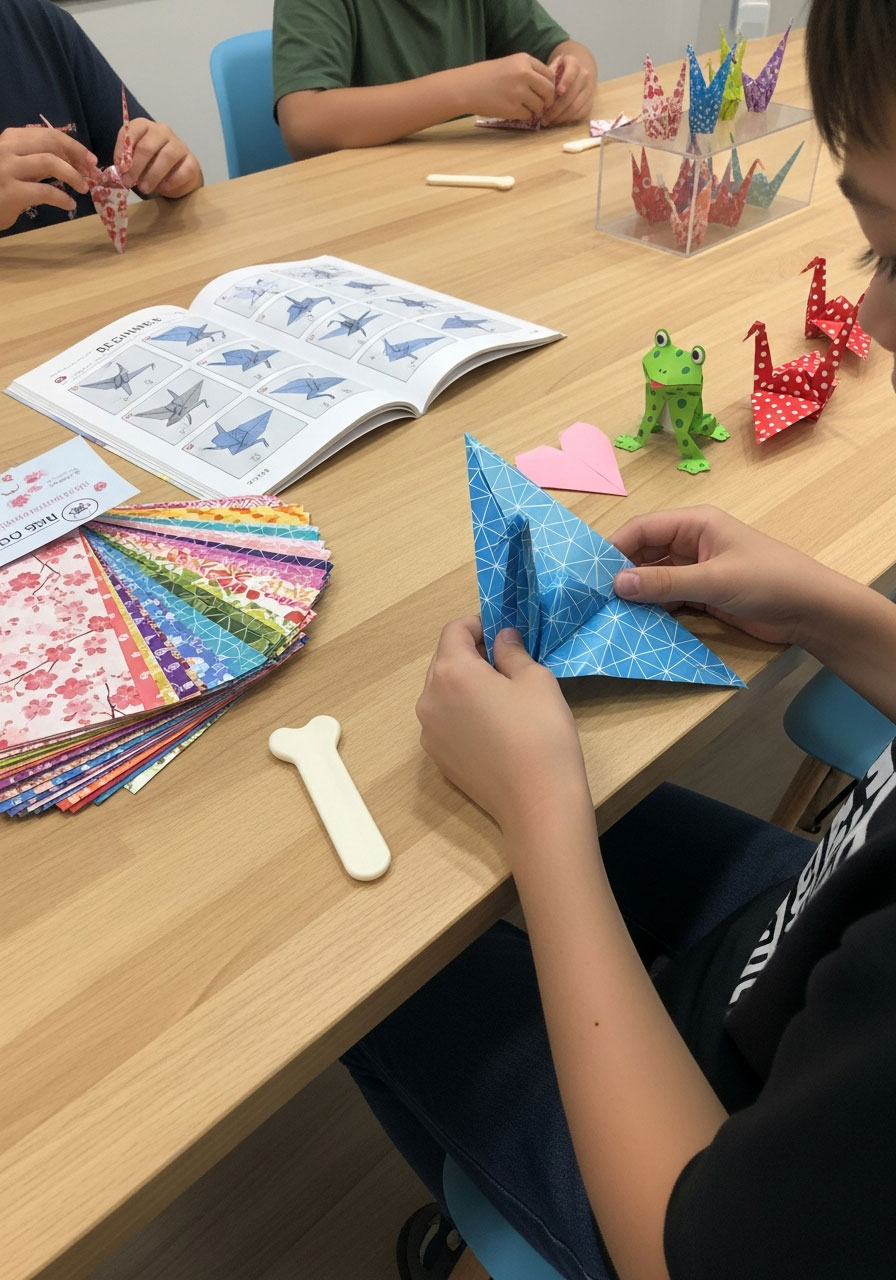Boy folding patterned origami paper into crane at birthday party workshop with instruction book