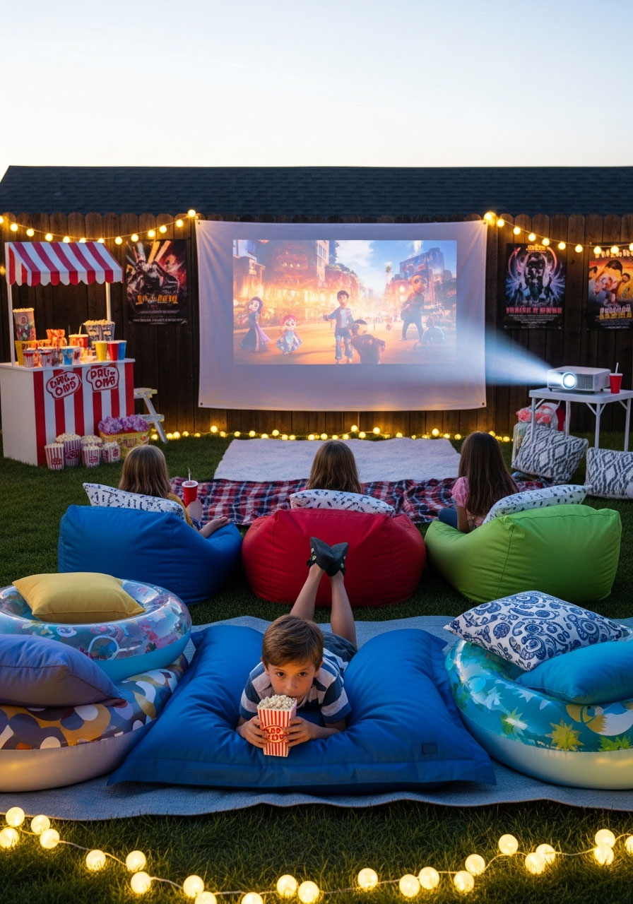 Kids watching outdoor movie on projection screen at nighttime birthday party with bean bags and concession stand in backyard