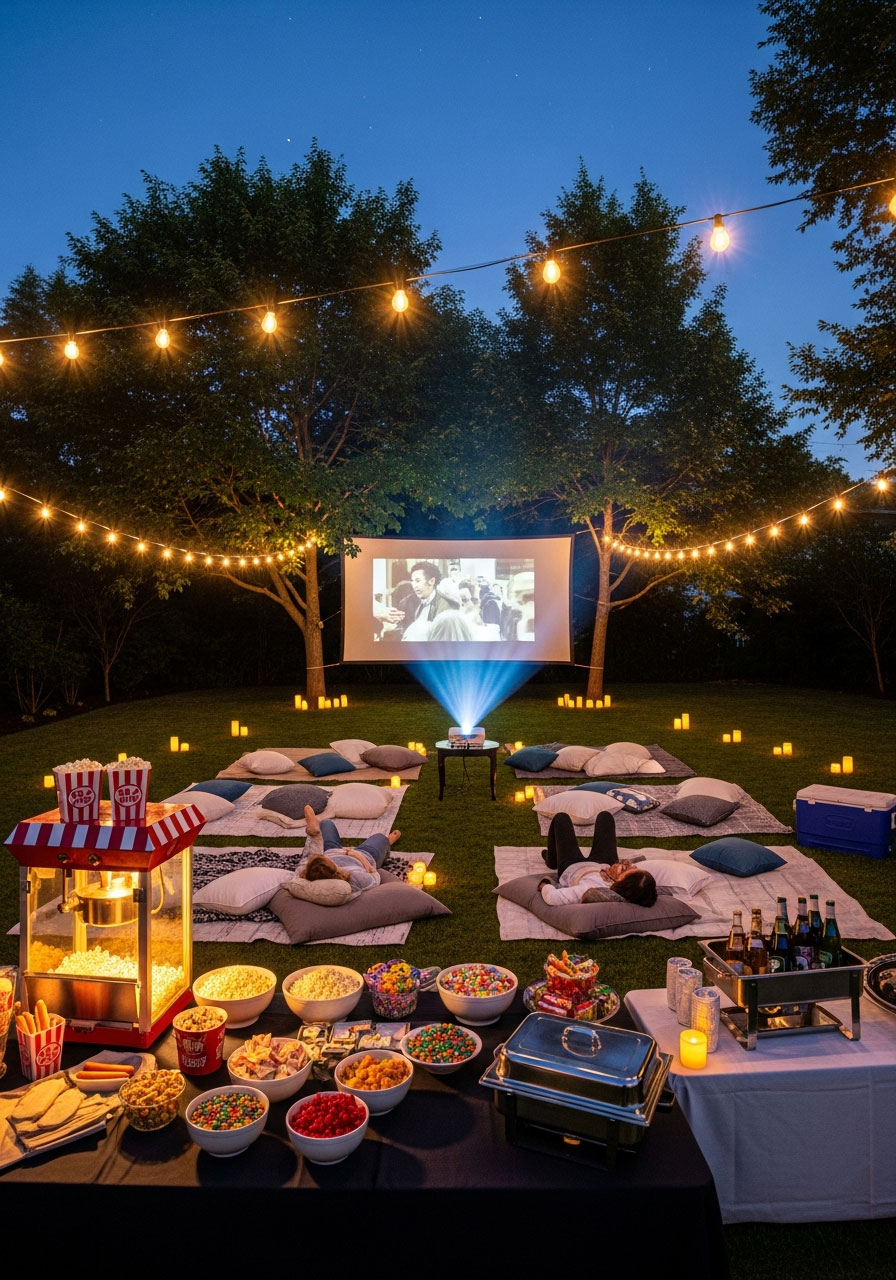 Outdoor movie night birthday party with projection screen, cozy blanket seating, string lights, and concession stand in backyard cinema setup