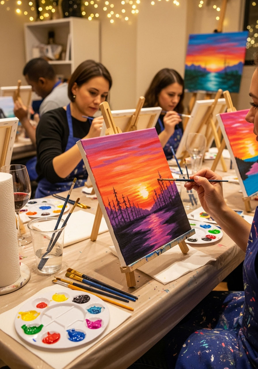 Paint and sip party in progress showing canvases on easels, acrylic paints, wine glasses, and guests creating artwork for creative birthday celebration