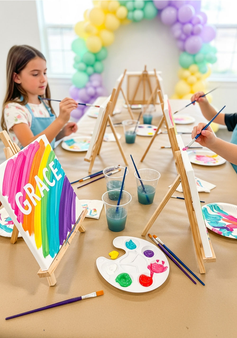 Kids painting personalized name canvases at art birthday party with easels, acrylic paints, and custom vinyl letters