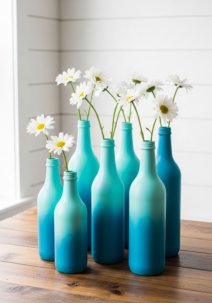 Painted glass bottles in ombré aqua to teal with flowers - vintage DIY birthday party centerpiece decoration
