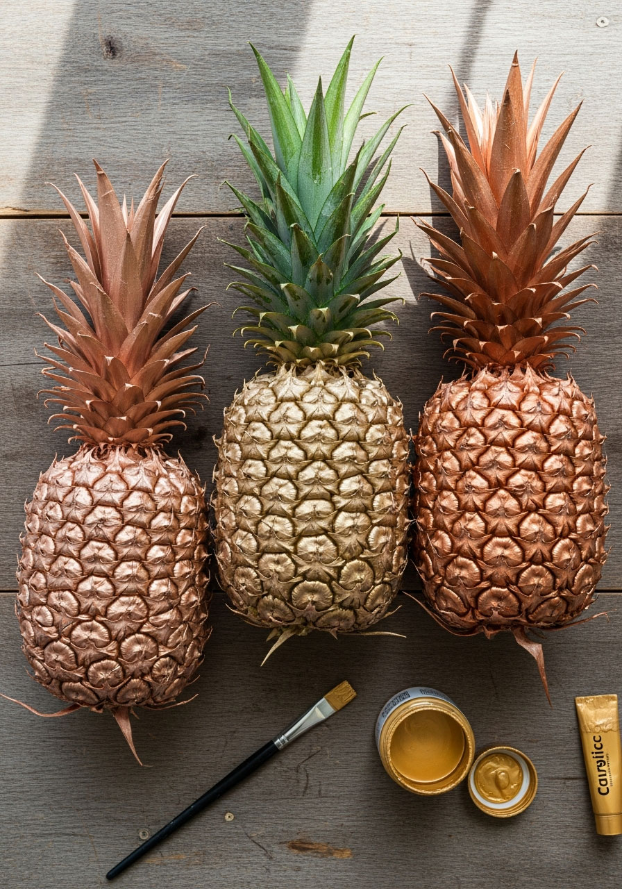 Three fresh pineapples painted in rose gold, champagne and copper metallic colors - easy DIY tropical birthday party centerpiece